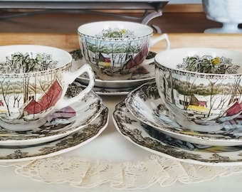 Set of 3 Johnson Brothers Friendly Village Teacup Trios, Made in England, Teacup, Saucer, Cake Plate, Vintage tea party, china replacement