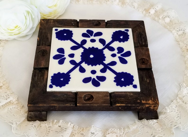 Set of 2 Wooden Ceramic Trivets/Hot Plates, Made in Mexico, Hand Painted Tiles, Boho Chic/Rustic/Shabby Chic/Cottage Decor/Log Cabin Decor