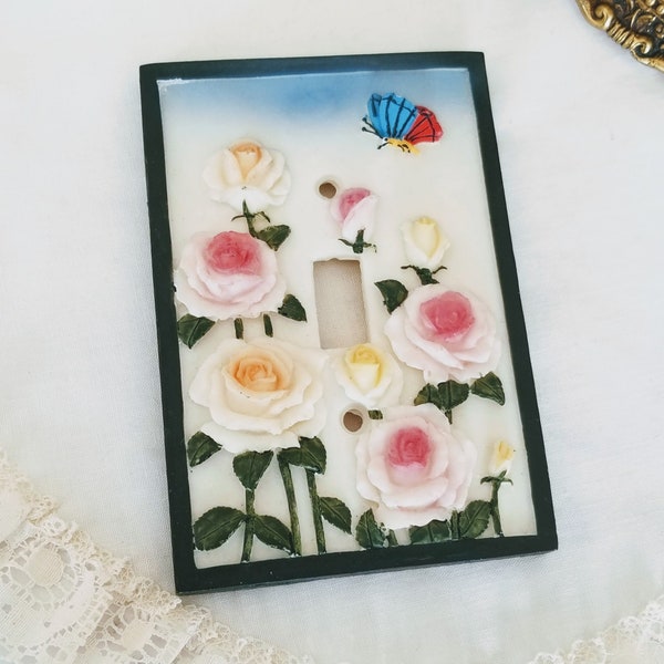 Vintage Embossed Light Switch Plate Cover, 3D Rose Garden with a Butterfly, vintage reno/hardware, vintage/romantic/cottage/farmhouse decor
