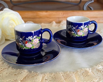 Zestaw 2 filiżanek i spodków Mitoshi, wysokiej jakości porcelana wyprodukowana w Japonii, filiżanki do kawy/espresso w kolorze kobaltowym