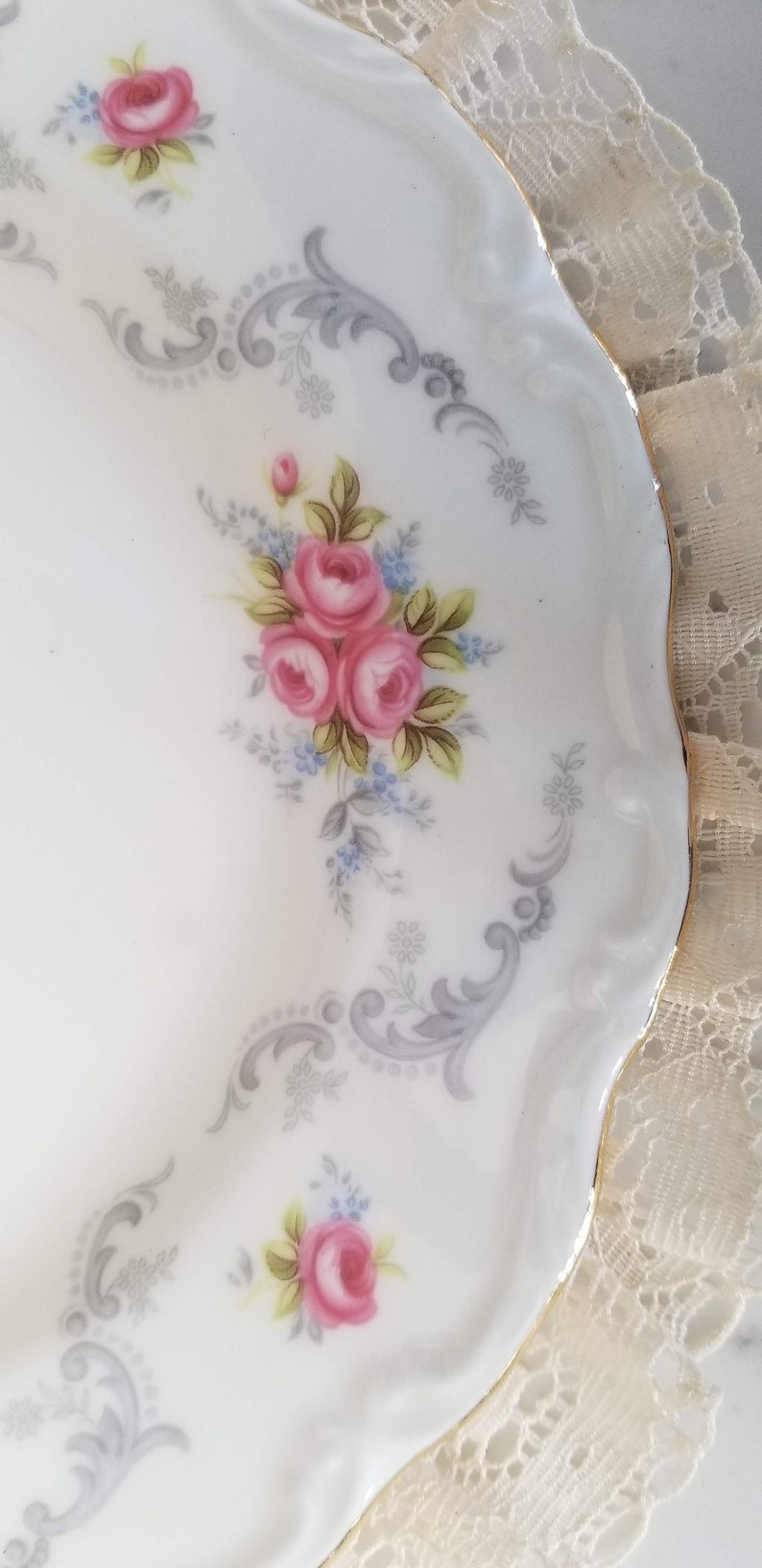 vintage dinnerware Bone China Made in England pink roses Vintage Royal Albert Tranquility Salad Plates gray swags china replacement