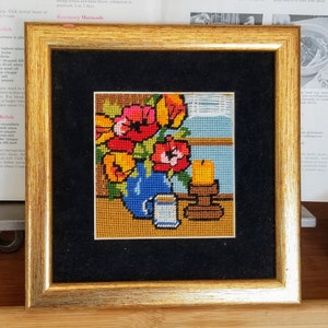Vintage Framed Floral Needlepoint, Black Felt Background, Gold Toned Frame, Vintage Wall Decor, Vintage Home/Farmhouse/Rustic Decor
