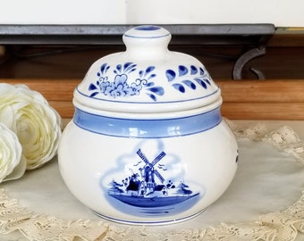 Vintage Ceramic Lidded Sugar Bowl, Blue Delftware Inspired, Windmill, collectible dishes, vintage tea party, kitchen/dining room decor