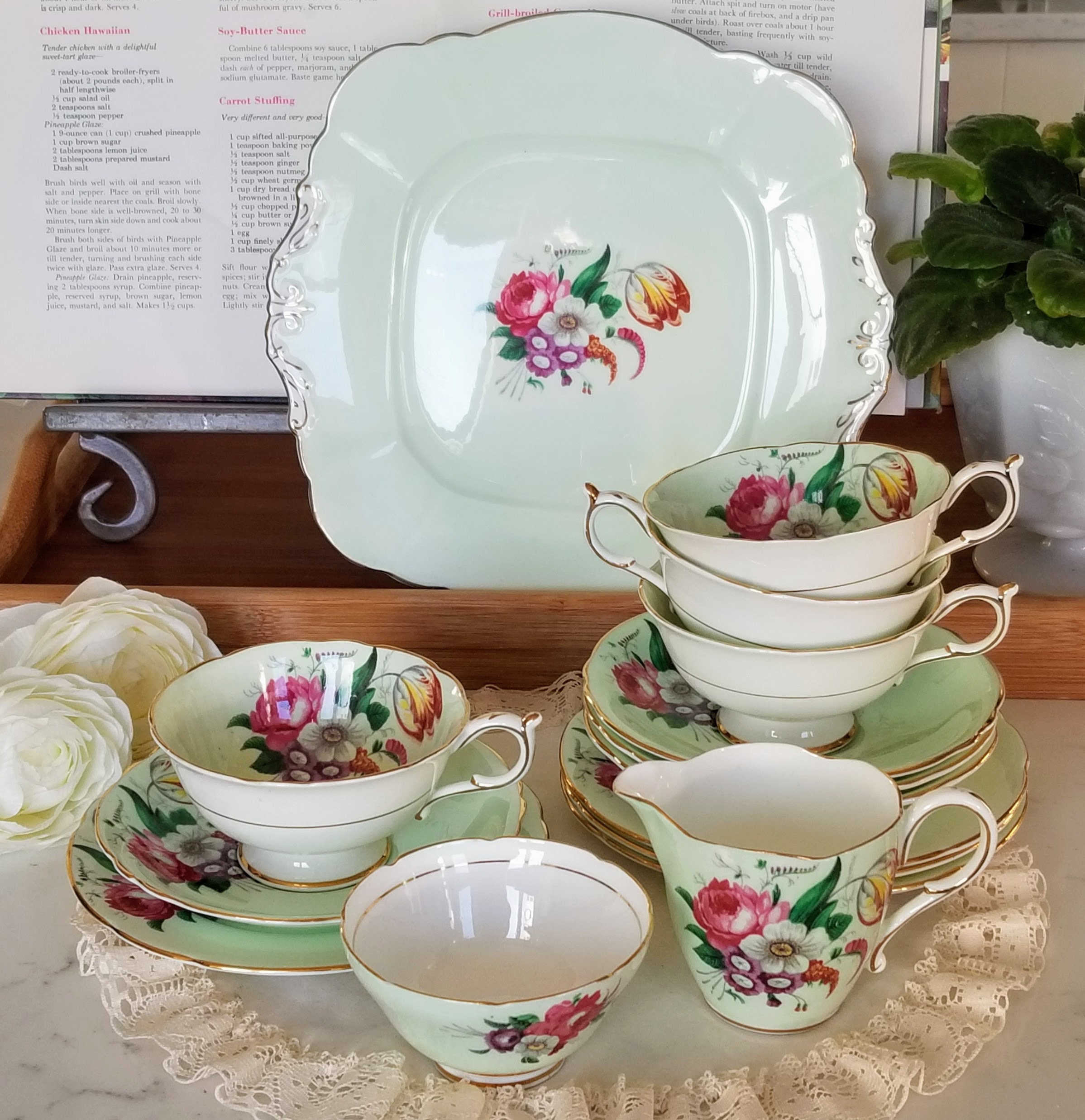 Paragon Tea Set for 4 Bone China Made in England Mint Green teal Large Flowers Teacup Trios Creamer Sugar Bowl Set Cake Serving Plate Etsy UK
