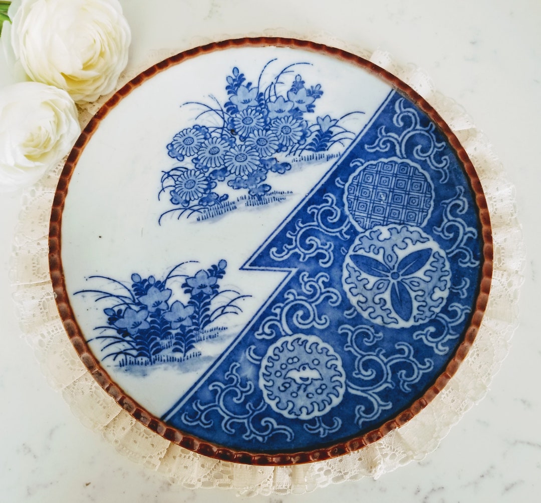 Antique Japanese Porcelain Igezara Plate, Blue and White Floral Decor