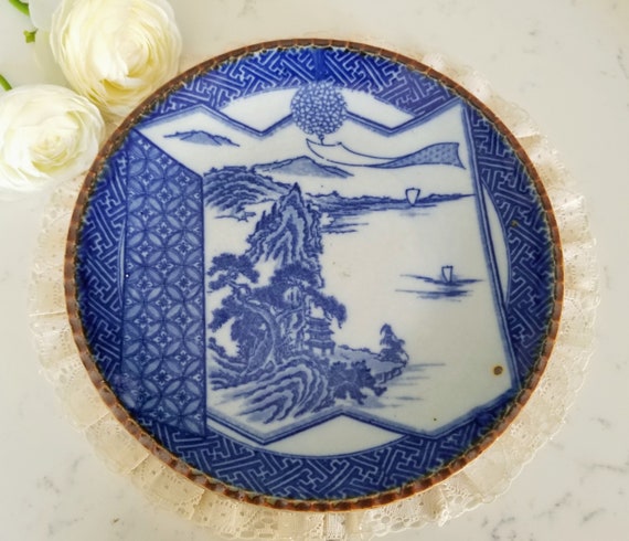 Antique Japanese Porcelain Igezara Plate Blue and White Landscape Brown pie Edge Collectible Display Plate Oriental Home Decor Etsy Canada