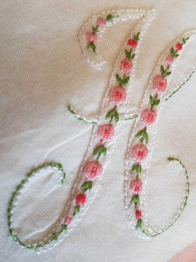 Satin Ribbon flowers Vintage Handkerchief Embroidered Vintage His and Hers Wedding Handkerchiefs pink Set of 2 Hankie blue