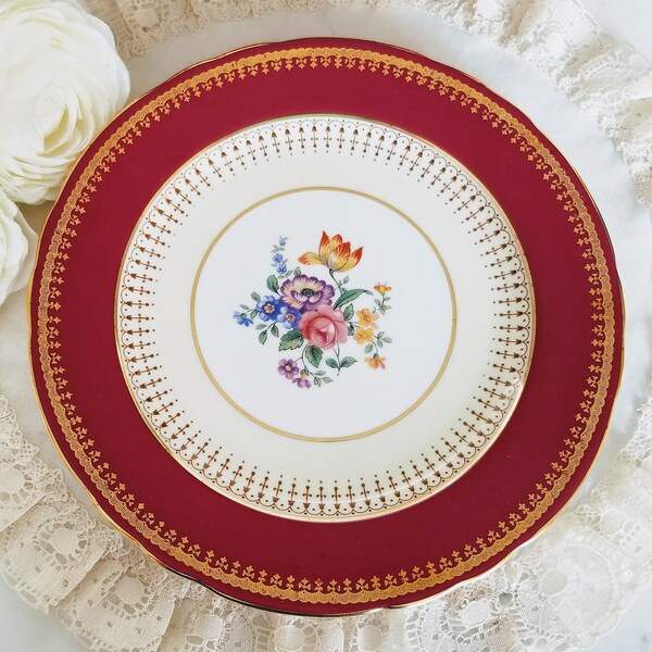 Vintage Aynsley Hatfield Maroon Salad Plate, Bone China Made in England, China Replacement, Vintage Dinnerware/Dishes, collecor's gift