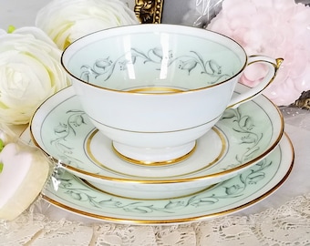 Vintage Paragon Bluebells Teacup Trio, Bone China Made in England, Mint Green with Gray Bluebell Flowers, vintage dinnerware/tea party