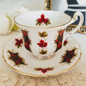 Vintage Royal Adderley Maple Leaf Tartan Teacup and Saucer Set, Bone China Made in England, Ridgway Potteries LTD. Collector&#39;s teacup
