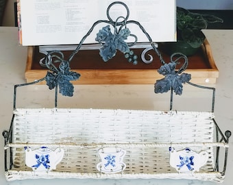 Vintage Wall Mount Kitchen Rack/Paper Towel Holder/Dispenser, vintage kitchen decor/organizer, Rattan, Metal Vines, Porcelain Teapots