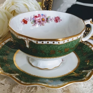 Extremely Rare Royal Crown Derby Teacup and Saucer Set, Bone china Made in England, Wavy Edges, Gold Adorned, Green Marble Texture, Flowers