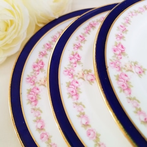 Set of 3 Vintage Cauldon Cake/Bread and Butter Plates, Bone China Made in England for Maple & Co London, Cobalt Blue Band, Rose Garland