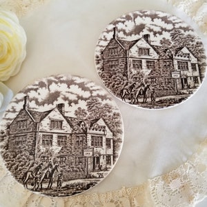 Vintage Set of 2 Staffordshire Coasters, Ironstone Made in England, Brown Transferware, vintage dinnerware/tea party, china replacement