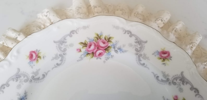 vintage dinnerware Bone China Made in England pink roses Vintage Royal Albert Tranquility Salad Plates gray swags china replacement