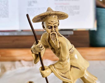 中国 置物 漁 L227」長期保管品 端麗 古唐木一刀彫 翁稚児漁風景像