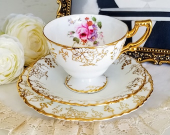 Trio di tazze da tè vintage Royal Crown Derby Vine (Posie Center), porcellana fine, prodotto in Inghilterra, stoviglie vintage/tea party, sostituzione della porcellana
