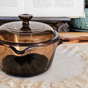 Vintage, CORNING, Visions Amber, 1 L/Quart Saucepan with Pyrex Lid, Brown, vintage cookware, saucepan with handle, USA, Glass Cookware