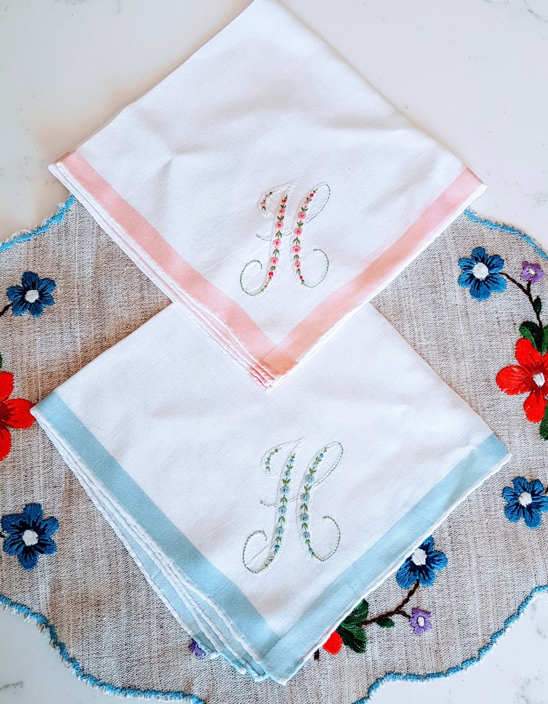 Satin Ribbon flowers Vintage Handkerchief Embroidered Vintage His and Hers Wedding Handkerchiefs pink Set of 2 Hankie blue