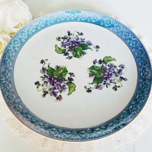 Vintage Iridescent 10 1/4&#39;&#39; Dinner Plate, GC Japan Fine China, Blue Rim, Purple Floral Decor, vintage dinnerware, collector&#39;s plates