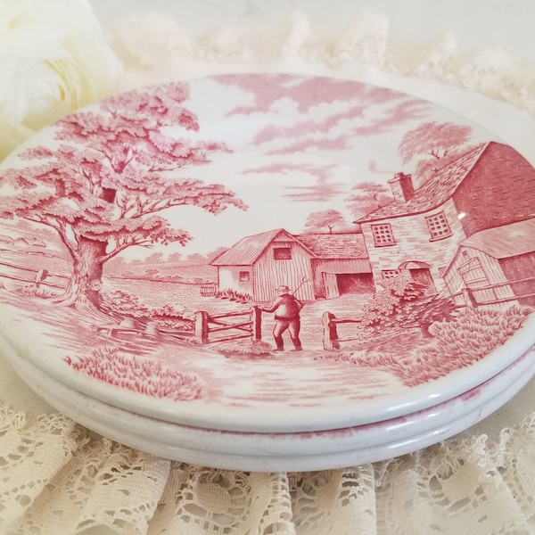 Set of 3 John Maddock & Sons Royal Ultra Vitrified Cake/Bread and Butter Plates, Empire Crockery Co. Montreal, Pink Transferware dinnerware