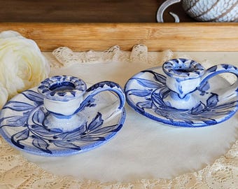 Lot de 2 bougeoirs/lanternes de chambre en céramique pour porches Portugal, portatifs, fabriqués à la main, décor vintage/rustique/chalet/chalet/ferme