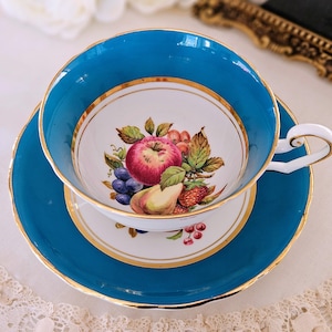 Vintage Windsor Teacup and Saucer Set, Bone China Made in England, Turquoise Blue, fruit, Vintage tea party, collector&#39;s cup, bridal shower