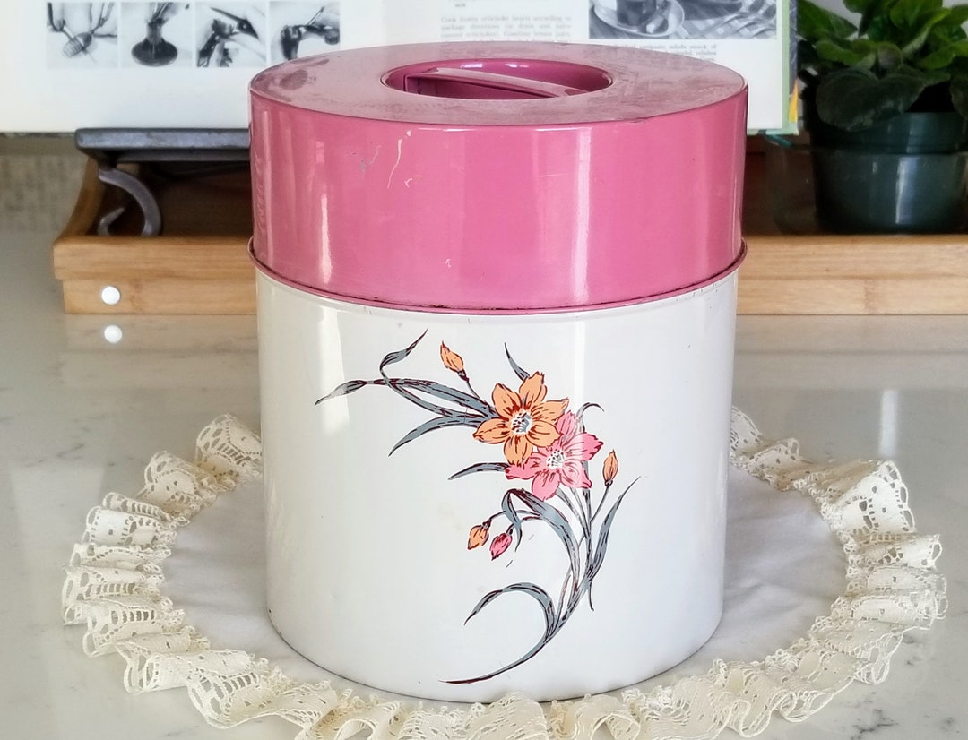 Vintage Kitchen Canister, Pink Lid, Floral Kitchen Jar, Metal Canister