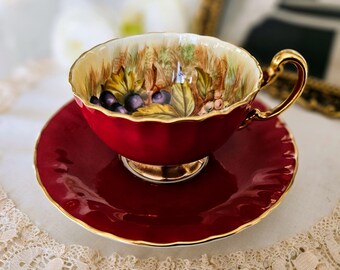 Vintage Aynsley Orchard Fruit Red Teacup and Saucer Set, Bone