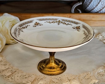 Bombonera vintage Royal Doulton Repton con pie, porcelana fina hecha en Inglaterra, base de latón, flores marrones, vajilla vintage/fiesta del té