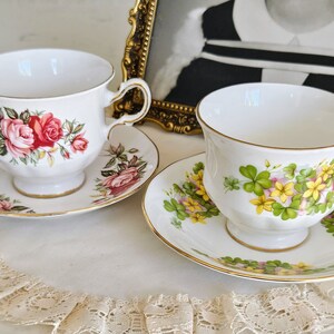 Set of 2 Vintage Queen Anne Floral Teacups and Saucers, Bone China Made in England, Vintage tea party, bridal shower, teacup collection