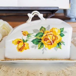 Royal Stafford Royal Rose Covered Butter/Cheese Tray, Bone China Made in England, Big Yellow Roses, Brushed gold gilt, vintage dinnerware