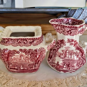 Vintage Mason&#39;s Vista Pink Creamer and Sugar Bowl, Ironstone Made in England, Pink Transferware, Wedding China, vintage tea party/dinnerware