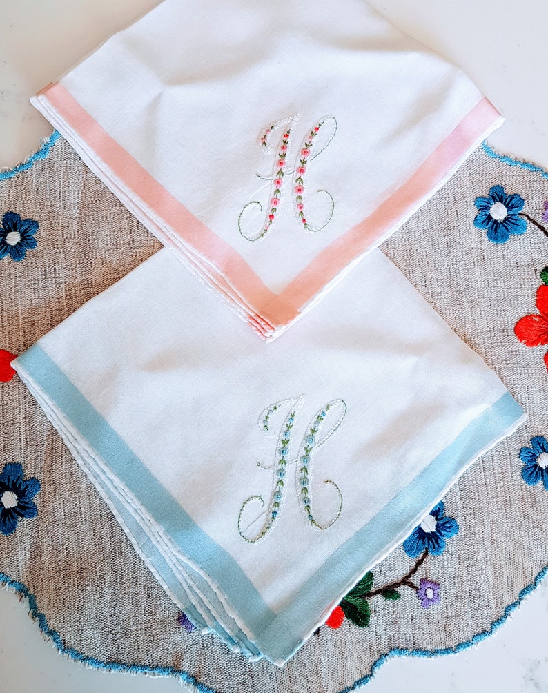 Satin Ribbon flowers Vintage Handkerchief Embroidered Vintage His and Hers Wedding Handkerchiefs pink Set of 2 Hankie blue