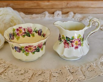 Vintage Paragon Creamer and Sugar Bowl Set, Bone China Made in England, carousel shape, flowers, vintage tea party, china replacement