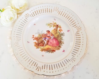 Large schwarzenhammer bavaria Porcelain 10 3/8'' Plate, Made in Germany, Fine Porcelain Made in Germany, Reticulated, Victorian Couple