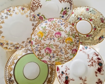 Set of 6 Vintage Orphaned Saucers, Bone China Made in England, Gold Chintz, Flowers, vintage tea party, china replacement, bridal shower