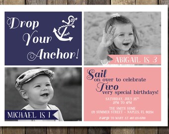 Nautical Birthday Invitation with Picture, Joint Birthday Invitation, sibling, friends, twins, Nautical Invitation, Printable Invitation