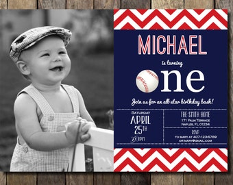 Baseball First Birthday Invitation, Baseball Birthday Invitation, Baseball Invitation, Red, Navy, Chevron, Sports Invitation, Digital