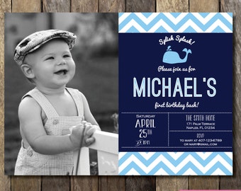 Nautical First Birthday Invitation with Picture, Whale First Birthday, Nautical Invitation, Nautical Birthday, Whale, Anchor, Blue, Digital