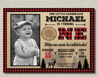 Lumberjack First Birthday Invitation - Deer Wild One First Birthday Invitation - Mountain First Birthday Invitation - Buffalo Plaid Invite