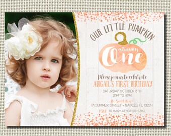 Pumpkin Birthday Invitation, Pumpkin Birthday, Pumpkin Invitation, Our Little Pumpkin, First Birthday Invitation, Halloween Birthday, Glam