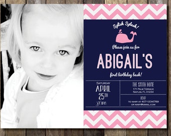 PRINTABLE First Birthday Invitation with Picture - Whale1st Birthday Invitation Nautical Invite - Girls Boys Birthday Party 4x6 or 5x7