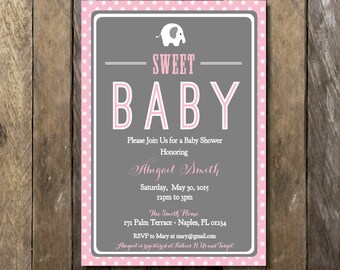 Baby Shower Invitation, Pink Baby Shower, Polka Dot, Chevron, Baby Shower, Baby Girl Shower, Pink and Grey, Digital Printable, Animals