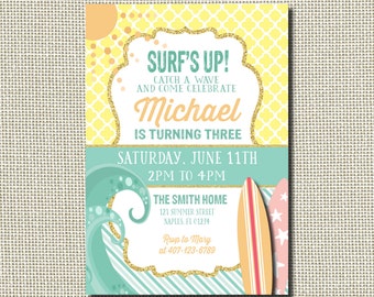 Surf Invitation, Surfing Invitation, Surfing Birthday Party, Luau Party, Hawaiian Party, Beach Birthday, Pool Party, Digital, Printable