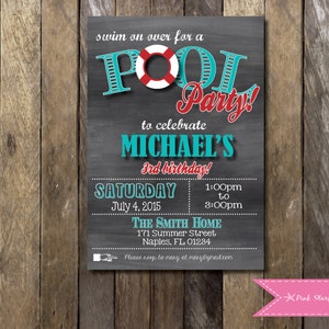 Chalkboard Birthday Invitation Pool Party Invitation, Pool Party Birthday, Pool Party Invitation, Chalkboard Invitation, Digital Printable image 1