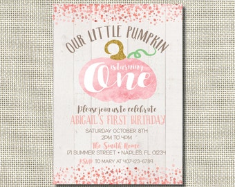 Pumpkin Birthday Invitation, Pink Pumpkin Birthday, Pumpkin Invitation, Our Little Pumpkin, First Birthday Invitation, Pink Birthday, Glam