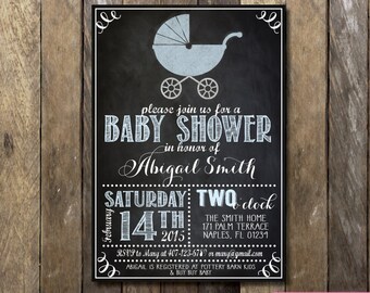 Baby Shower Invitation, Chalkboard Baby Shower, Chalkboard Invitation, Printable Invitation, Blue Baby Carriage, Chalkboard, Preppy, Blue