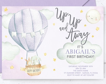 First Birthday Invitation, Balloon Invitation, Hot Air Balloon First Birthday Invitation, Purple Balloon Invitation, Lavender, Digital