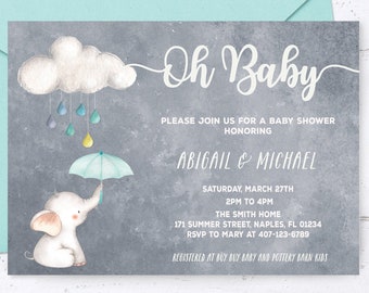 Cloud Baby Shower, Elephant Baby Shower, Cloud Baby Shower Invitation, Blue Elephant Baby Shower Invitation, Cloud Invitation, Cloud Invite